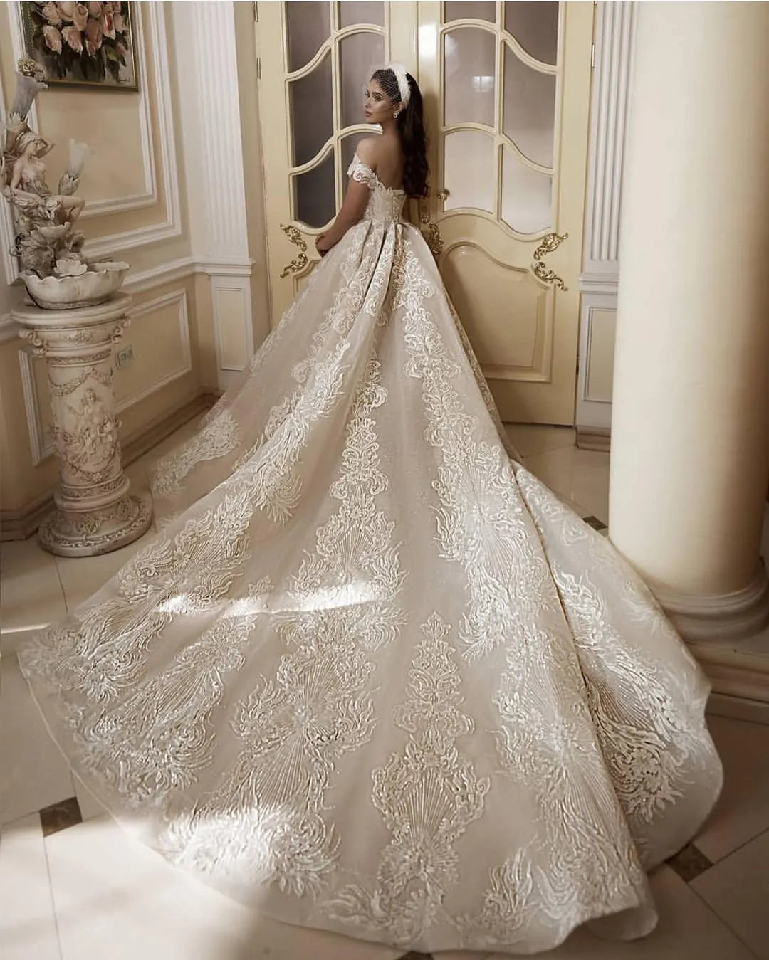 Elegant Floor Length Church A Line Off The Shoulder Wedding Dress Lace Appliques