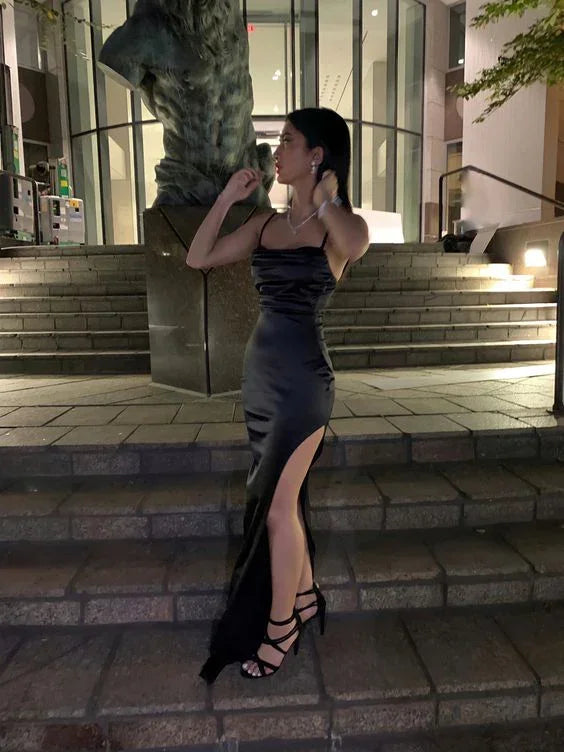 Abito da sera nero con spalline sottili Abito da ballo sexy Y427