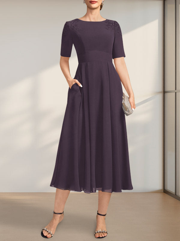 A-Linie U-Ausschnitt Wadenlang Chiffon Kleid für die Brautmutter mit Applikationen Spitze Pailletten