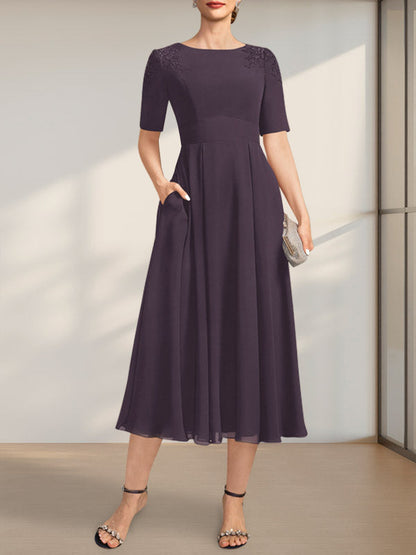 A-Linie U-Ausschnitt Wadenlang Chiffon Kleid für die Brautmutter mit Applikationen Spitze Pailletten