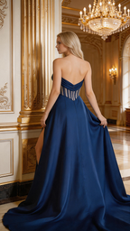 Vestido Corset Azul Marinho Sem Alças Com Corpete Com Contas E Cauda Com Fenda Alta