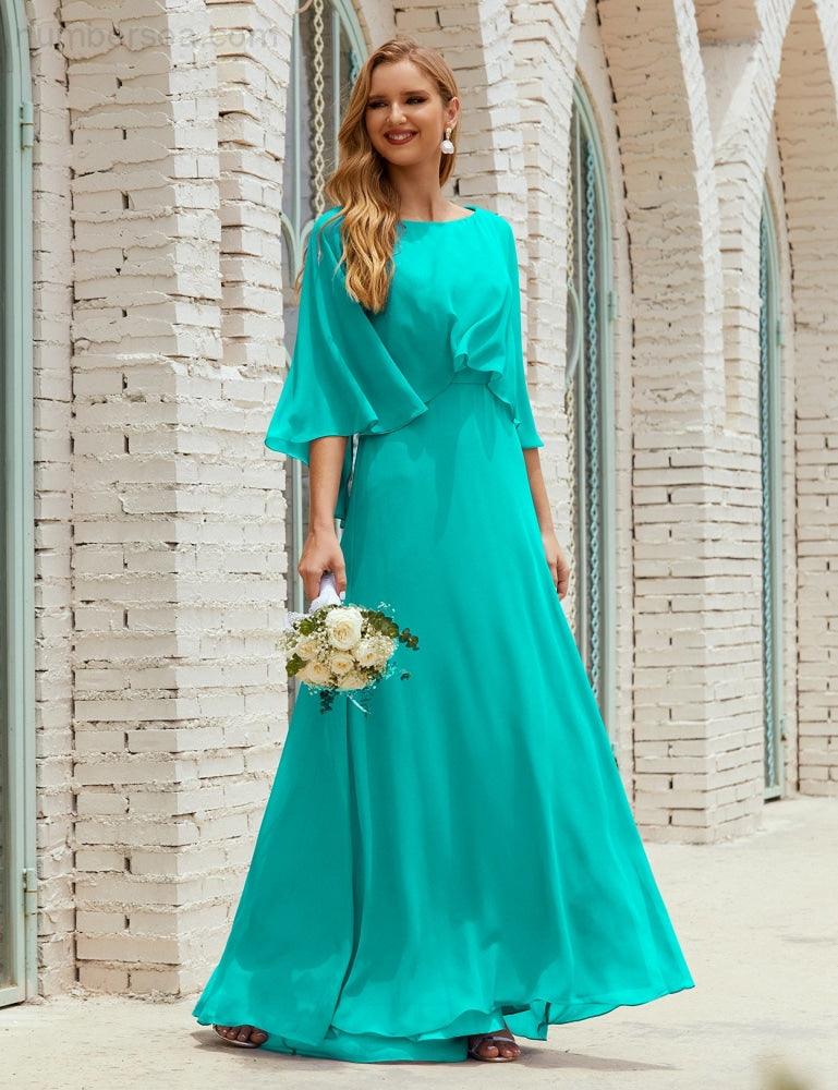 Abito da Damigella Donna Manica Lunga Scollatura a V Chiffon Abito da Cerimonia Matrimonio Festa 28018
