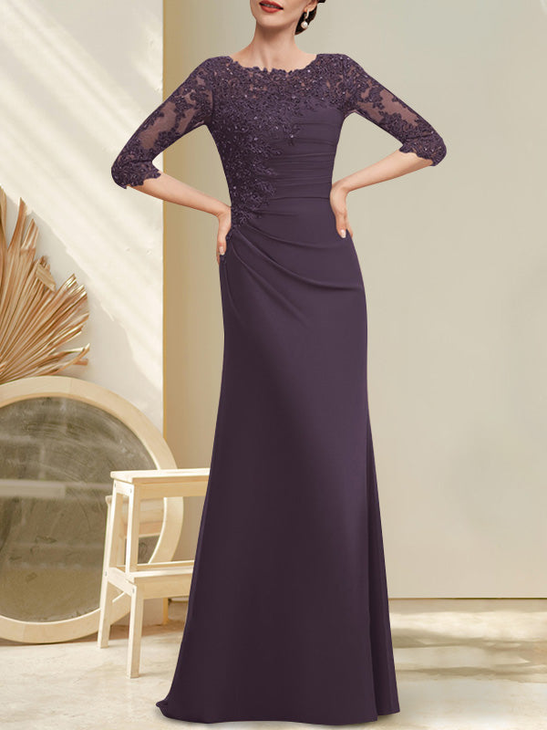 Robe de mère de la mariée en mousseline et dentelle, longueur au sol, en ligne A, décolleté en U, ornée de perles et de paillettes plissées