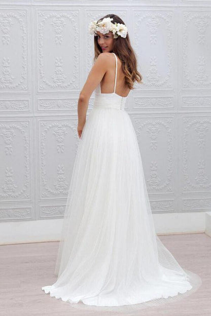 Robe de mariée simple à col en V et longueur au sol avec ceinture froncée WD054