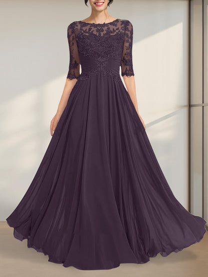 A-Linie, U-Ausschnitt, Illusion, bodenlanges Chiffon-Spitzenkleid für die Brautmutter mit plissierten Pailletten