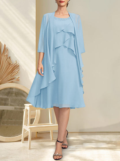 A-Linie U-Ausschnitt Knielang Chiffon Kleid für die Brautmutter mit Perlenbesatz