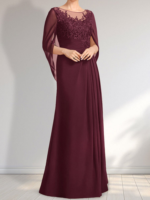 A-Linie, U-Ausschnitt, Illusion, bodenlanges Chiffon-Kleid für die Brautmutter mit plissierten Pailletten