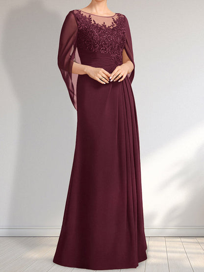 A-Linie, U-Ausschnitt, Illusion, bodenlanges Chiffon-Kleid für die Brautmutter mit plissierten Pailletten