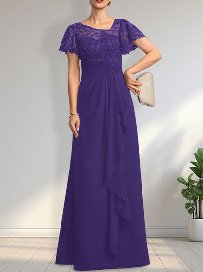 Vestido de madre de la novia de gasa con encaje, ilusión asimétrica, largo hasta el suelo, con volantes en cascada y lentejuelas. 