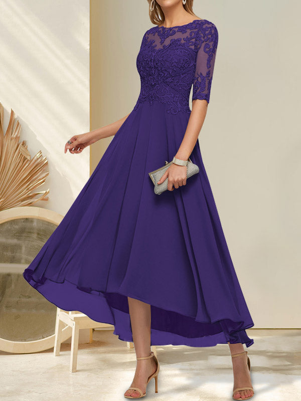 Robe de mère de la mariée en mousseline et dentelle, ligne A, col bateau illusion, asymétrique, ornée de perles et de paillettes