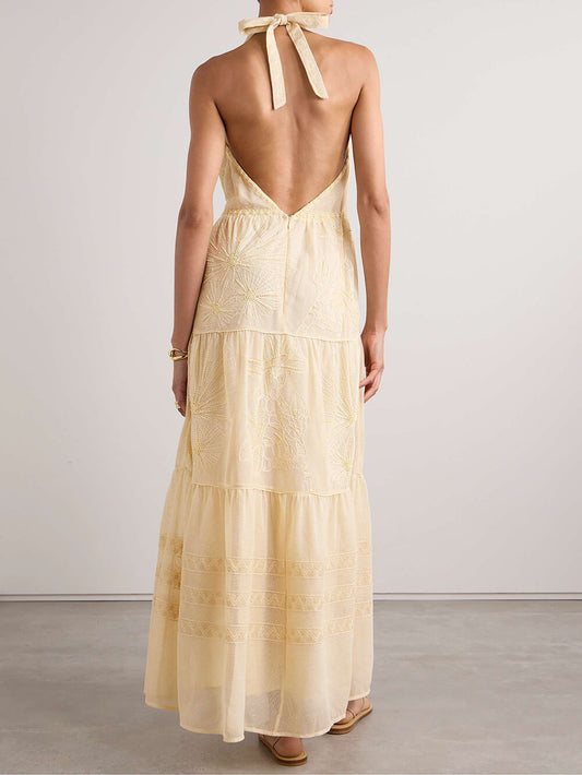 Elegantes Neckholder-Maxikleid aus verzierter Spitze und Netz 