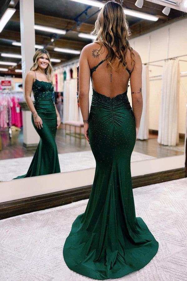 Emerald Green Satin Spaghetti Strap Mermaid Prom Dress With Beading Crystals