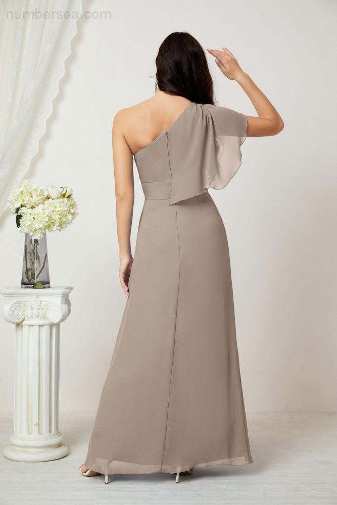 Abito da Sera Formale A-line con Spalla Singola e Balze in Chiffon, Spacco Laterale, per Damigelle, Modello 2809