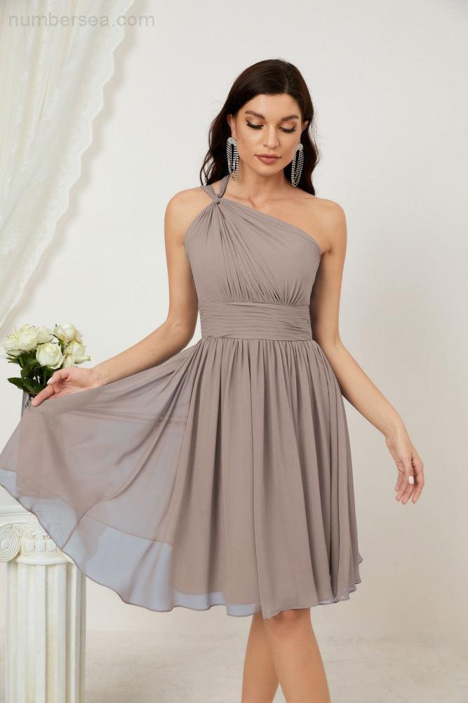 Numbersea Damen Chiffon Kurzes Ein-Schulter Brautjungfernkleid Festliche Kleider für Feier Heimkehr 2804