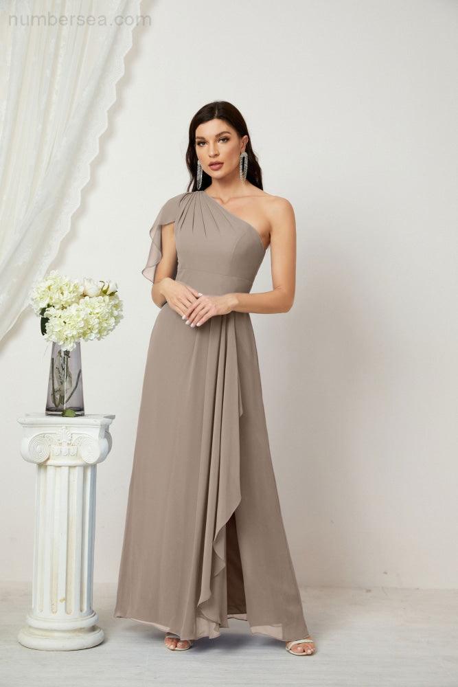 Abito da Sera Formale A-line con Spalla Singola e Balze in Chiffon, Spacco Laterale, per Damigelle, Modello 2809