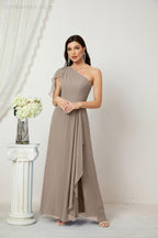 Abito da Sera Formale A-line con Spalla Singola e Balze in Chiffon, Spacco Laterale, per Damigelle, Modello 2809