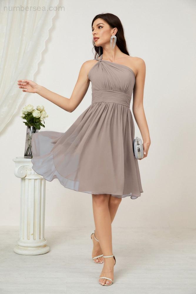 Numbersea Damen Chiffon Kurzes Ein-Schulter Brautjungfernkleid Festliche Kleider für Feier Heimkehr 2804