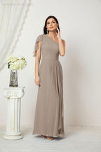 Abito da Sera Formale A-line con Spalla Singola e Balze in Chiffon, Spacco Laterale, per Damigelle, Modello 2809
