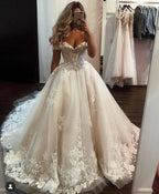 Classy Off Shoulder Long A Line Wedding Dress With Tulle Lace