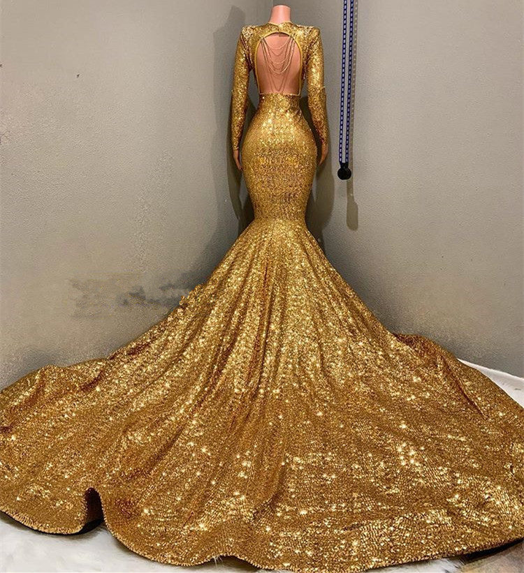Robe de bal sirène dorée longue à sequins, col en V, dos nu, avec manches