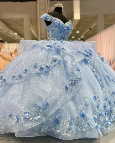 Wunderschönes blaues schulterfreies Ballkleid mit Tüllapplikationen für Geburtstag und Quinceañera Y7835