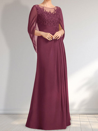 A-Linie, U-Ausschnitt, Illusion, bodenlanges Chiffon-Kleid für die Brautmutter mit plissierten Pailletten