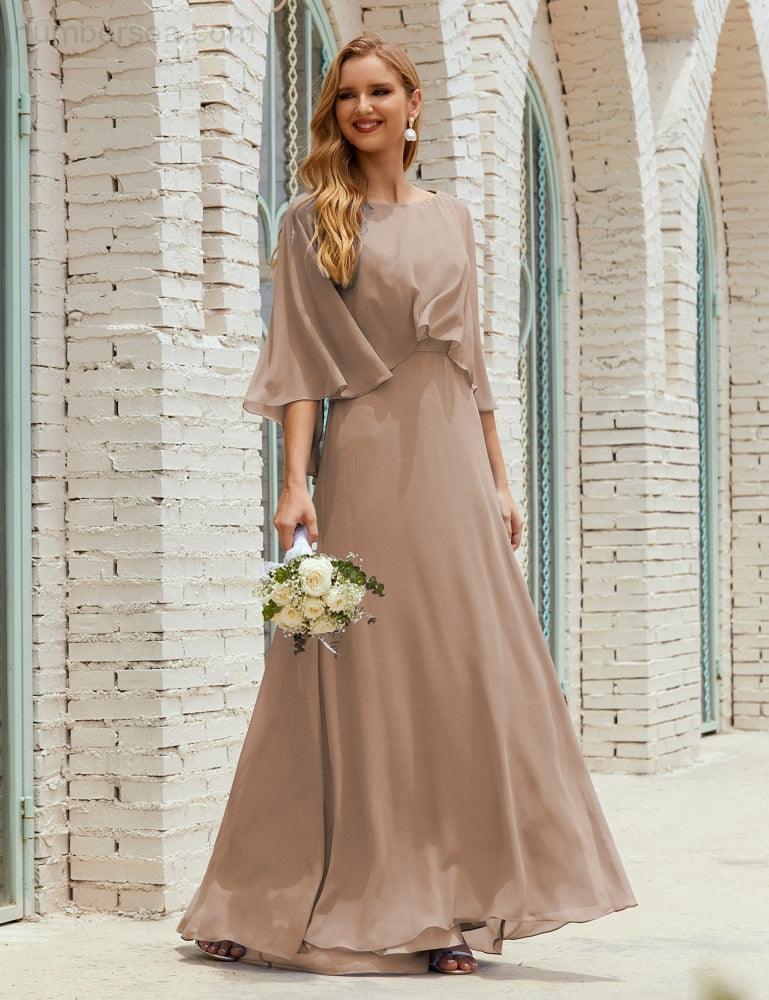 Abito da Damigella Donna Manica Lunga Scollatura a V Chiffon Abito da Cerimonia Matrimonio Festa 28018