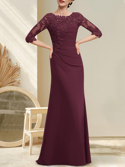 Vestido de gasa con encaje y escote redondo para madre de la novia, con lentejuelas plisadas y cuentas.