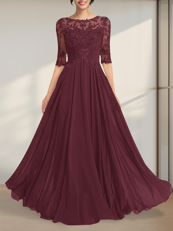A-Linie, U-Ausschnitt, Illusion, bodenlanges Chiffon-Spitzenkleid für die Brautmutter mit plissierten Pailletten