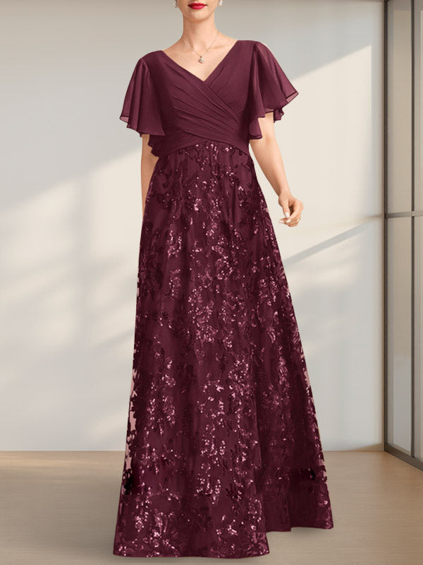 A-Linie V-Ausschnitt Bodenlang Spitze Pailletten Chiffon Mutter der Braut Kleid Mit Plissee