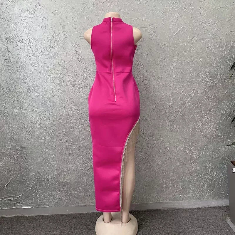 Abito da donna sexy lucido con spacco, frange e fasce, elegante abito lungo da sera Y407