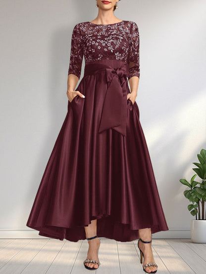 A-Linie U-Ausschnitt Illusion Asymmetrisch Satin Spitze Mutter der Braut Kleid mit Schleife