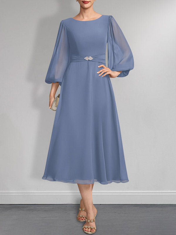 A-Linie U-Ausschnitt Wadenlang Chiffon Mutter der Braut Kleid Mit Kristall Brosche Plissee