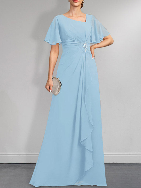 Robe de mère de la mariée en mousseline asymétrique longue jusqu'au sol, coupe en A, ornée de perles plissées et de paillettes