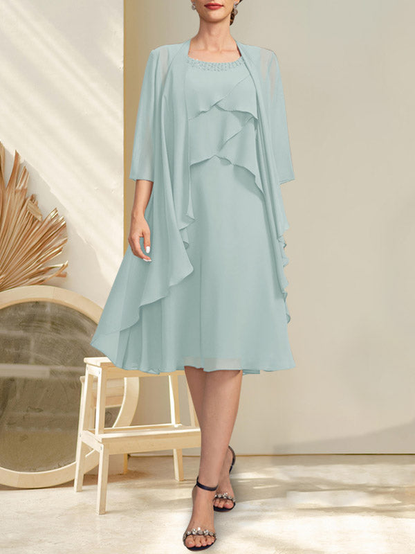 Robe de mère de la mariée en mousseline, longueur genou, en ligne A, décolleté arrondi avec perles