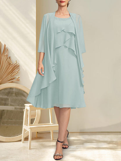 A-Linie U-Ausschnitt Knielang Chiffon Kleid für die Brautmutter mit Perlenbesatz