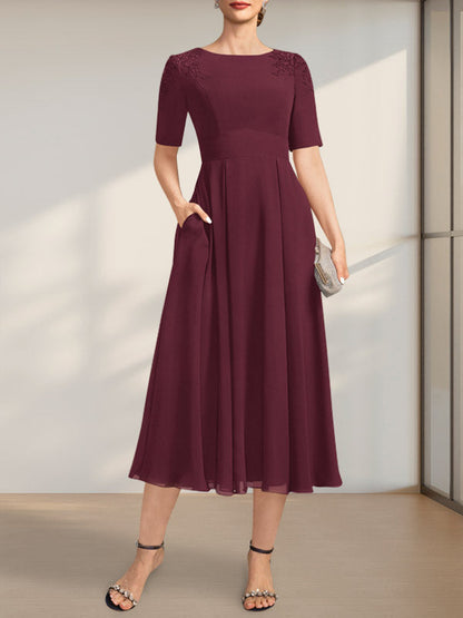 A-Linie U-Ausschnitt Wadenlang Chiffon Kleid für die Brautmutter mit Applikationen Spitze Pailletten