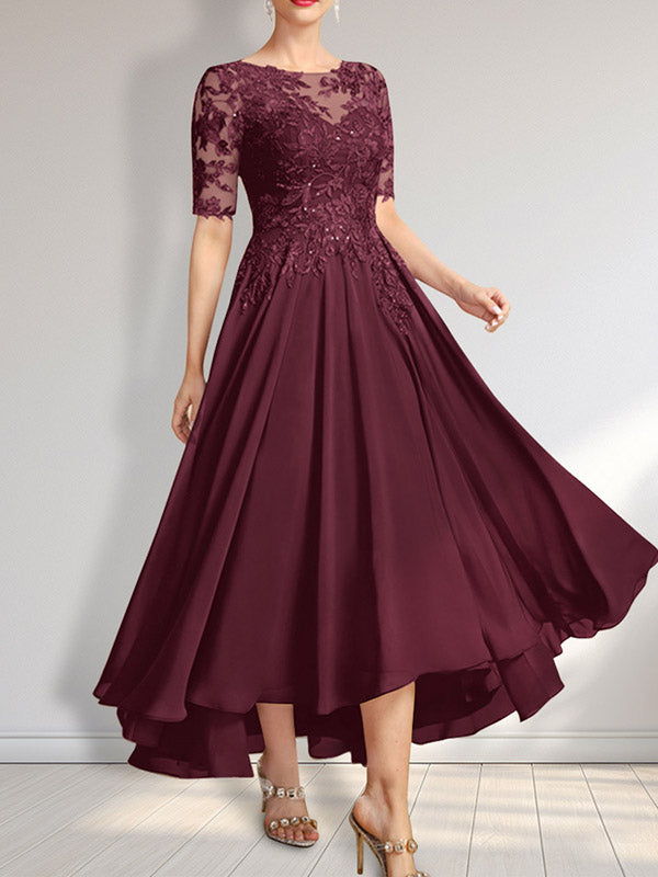 Robe de mère de la mariée en mousseline et dentelle asymétrique illusion à encolure dégagée, coupe en A, ornée de paillettes