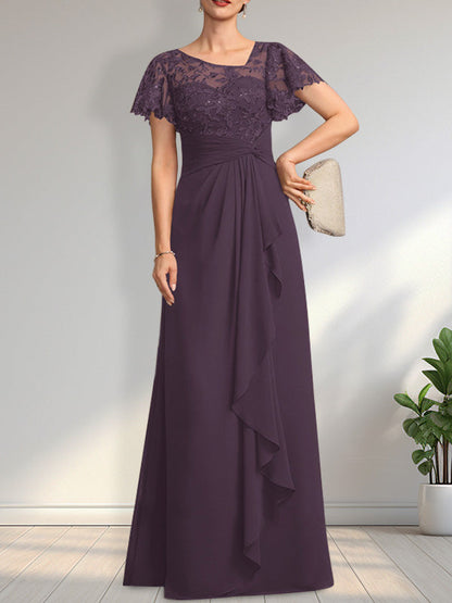 Vestido de madre de la novia de gasa con encaje, ilusión asimétrica, largo hasta el suelo, con volantes en cascada y lentejuelas. 