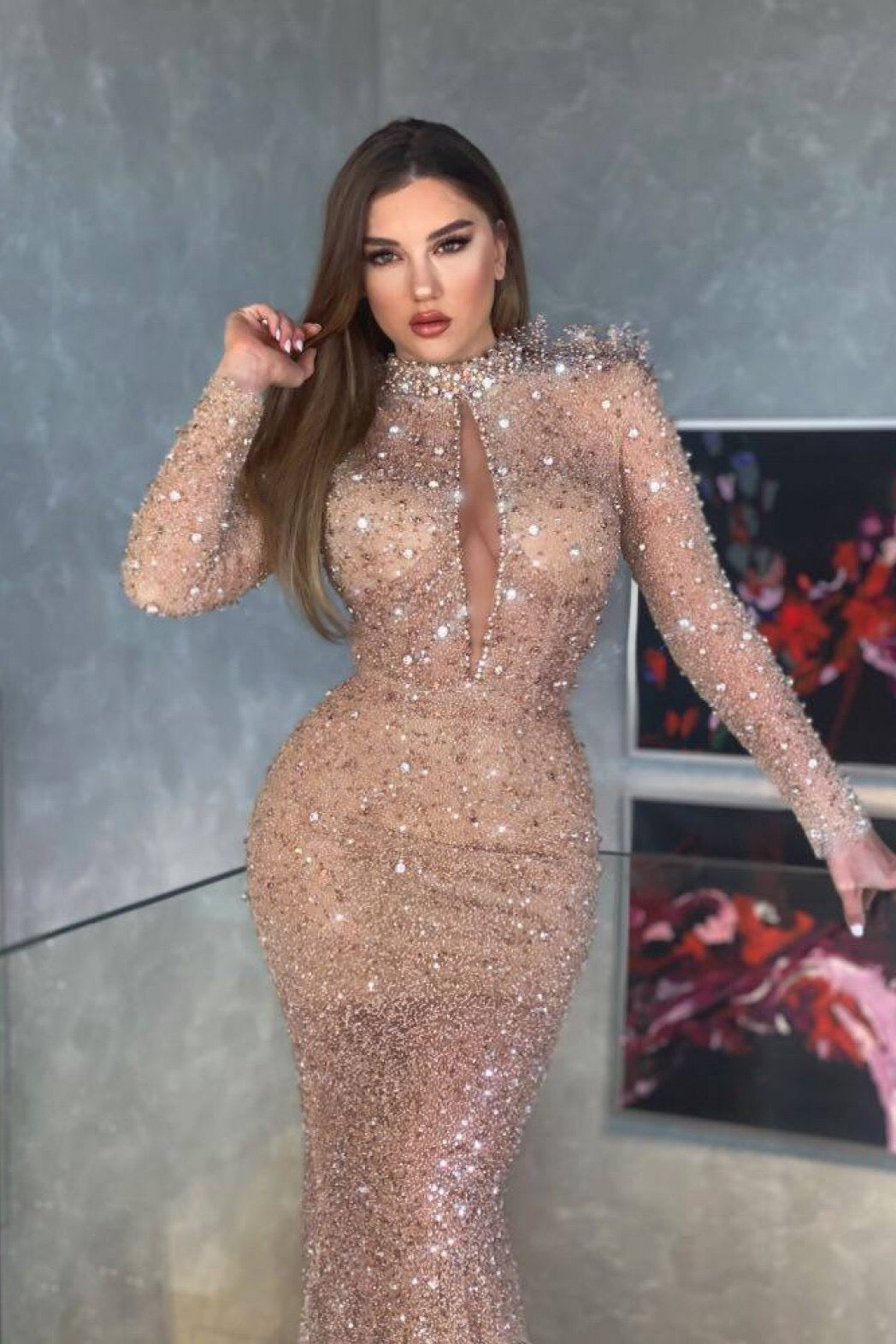 Long Mermaid High Neck Sequins Prom Dress with Sleeves