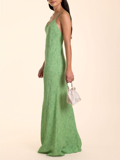 Elegantes limettengrünes Jacquard-Maxikleid mit V-Ausschnitt 