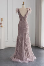 Bmbridal Taupe A Line V Neck Tulle Cap Sleeves Prom Dress With Appliques