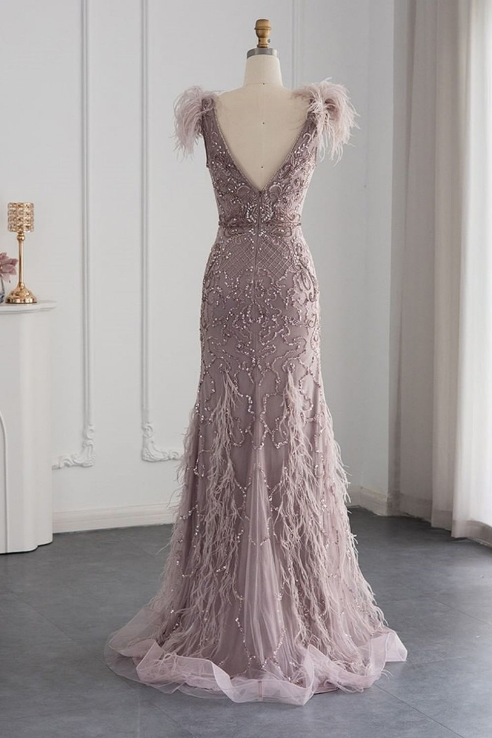 Bmbridal Taupe A Line V Neck Tulle Cap Sleeves Prom Dress With Appliques