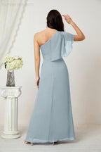 Abito da Sera Formale A-line con Spalla Singola e Balze in Chiffon, Spacco Laterale, per Damigelle, Modello 2809
