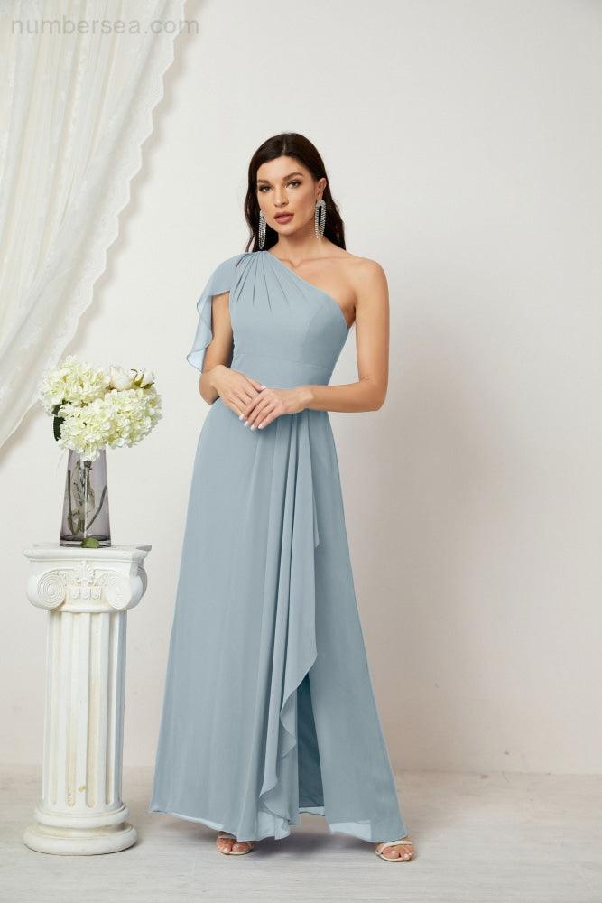 Abito da Sera Formale A-line con Spalla Singola e Balze in Chiffon, Spacco Laterale, per Damigelle, Modello 2809