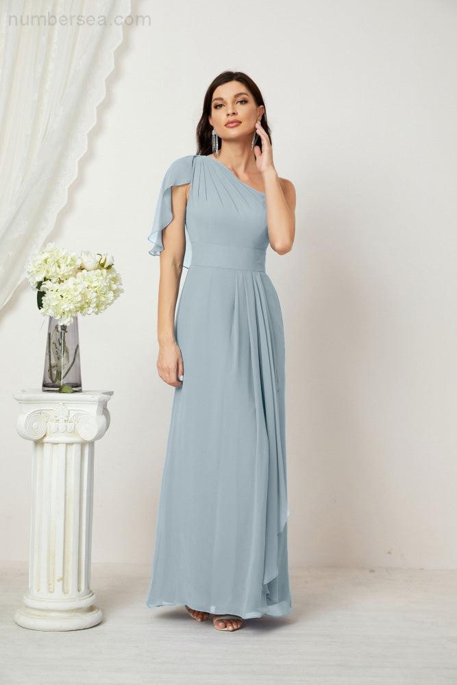 Abito da Sera Formale A-line con Spalla Singola e Balze in Chiffon, Spacco Laterale, per Damigelle, Modello 2809