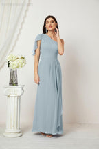 Abito da Sera Formale A-line con Spalla Singola e Balze in Chiffon, Spacco Laterale, per Damigelle, Modello 2809