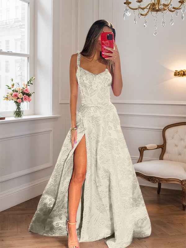 Hot Pink Floral A-Line Long Prom Dress With High Slit