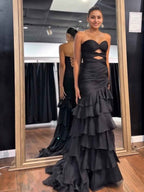 Black Tiered Hollow Out Mermaid Strapless Prom Dress 2026