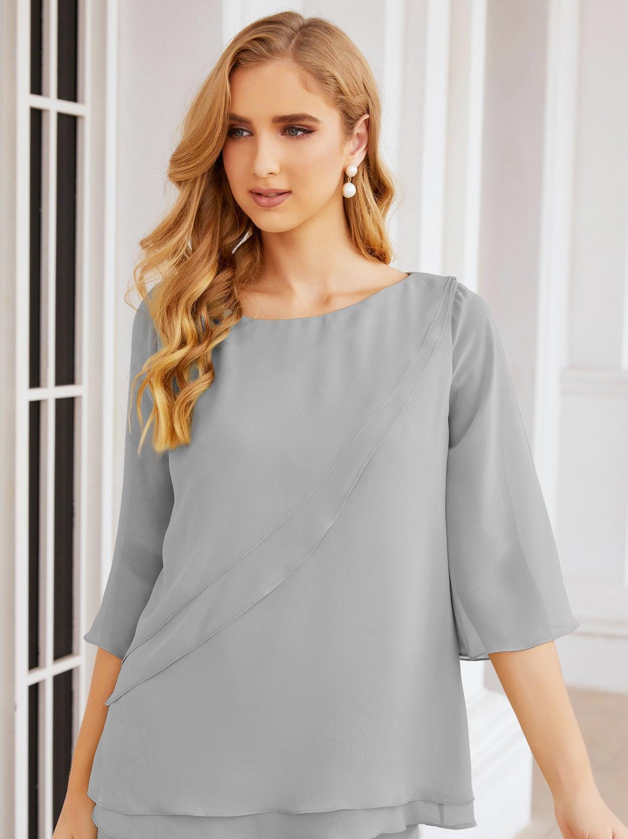 Robe de mariée élégante pour la mère de la mariée en deux pièces, tailleur pantalon grande taille à volants superposés, peignoir argenté 28064